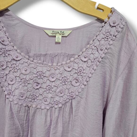 Krazy Kat Lilac Crochet Lace Boho Peasant Blouse XL Rayon Nylon Blend - Picture 4 of 7